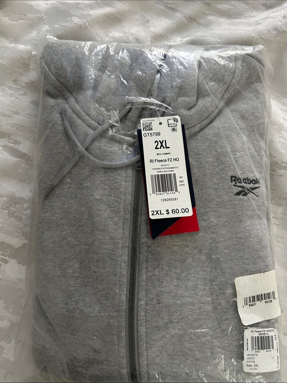 Reebok Light Gray Zip-Up Fleece Hoodie 2XL